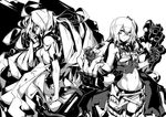  breasts deel_(rkeg) destroyer_water_oni greyscale highres kantai_collection long_hair machinery medium_breasts monochrome multiple_girls navel one_side_up shinkaisei-kan sideboob submarine_hime turret 