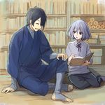  black_hair book bookshelf closed_eyes honebami_toushirou japanese_clothes male_focus mikazuki_munechika multiple_boys nomuo_(shiromi) open_book open_mouth purple_eyes sitting smile touken_ranbu white_hair 