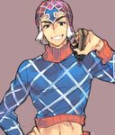  argyle argyle_sweater black_eyes crop_top finger_on_trigger grin guido_mista gun hand_on_hip handgun hat jojo_no_kimyou_na_bouken male_focus midriff revolver signature smile solo sweater toujou_sakana turtleneck upper_body weapon 