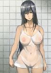  against_wall bare_arms bare_shoulders black_hair breasts collarbone covered_navel covered_nipples cowboy_shot dress expressionless hair_between_eyes large_breasts long_hair looking_at_viewer midriff navel nipples original parted_lips pepe_(jonasan) pubic_hair ruuko-san see-through silver_eyes solo standing stomach tile_wall tiles very_long_hair wet wet_clothes wet_dress white_dress 