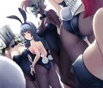  ass bare_shoulders black_legwear blue_hair breasts bunny_tail bunnysuit covered_nipples dark_skin detached_collar green_hair highres large_breasts looking_back mask medium_breasts multiple_girls original pantyhose pink_hair red_hair signature stealthmaria tail wrist_cuffs 