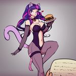  absurdres animal_ears bangs bell bell_collar blunt_bangs breasts cat_ears cat_tail collar commentary condom_wrapper food gloves hamburger heart highres holding holding_plate kittysuit looking_at_viewer midriff my_little_pony my_little_pony_friendship_is_magic navel open_mouth pantyhose personification plate purple_eyes purple_hair scdk sidelocks smile tail twilight_sparkle 
