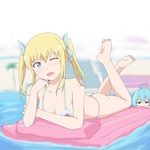  afloat ahoge ass barefoot bikini blonde_hair blue_eyes blue_hair chin_rest fang feet gakusen_toshi_asterisk gobanme_no_mayoi_neko hair_ornament hair_ribbon head_on_hand highres inflatable_raft jpeg_artifacts legs_up looking_at_another lying micro_bikini multiple_girls on_stomach one_eye_closed open_mouth pool red_eyes ribbon sasamiya_saya short_hair solo_focus swimsuit the_pose twintails violet_weinberg water 