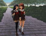  absurdres black_hair black_legwear brown_hair bush hibike!_euphonium highres holding_hands kneehighs kousaka_reina loafers lone_wolf long_hair multiple_girls neckerchief oumae_kumiko red_neckwear school_uniform serafuku shoes short_hair thighhighs tree walking white_legwear zettai_ryouiki 