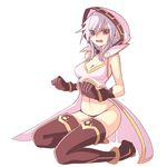  alternate_costume blush boots breasts cleavage crop_top crop_top_overhang gloves hood looking_at_viewer medium_breasts midriff navel neptune_(series) open_mouth panties red_eyes robe s-sha sitting solo thigh_boots thighhighs underwear wariza white_hair 