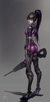  absurdres ass back bodysuit breasts gloves head_mounted_display high_heels highres jayjiwoo_park long_hair overwatch pink_bodysuit ponytail purple_hair purple_skin small_breasts solo very_long_hair visor weapon widowmaker_(overwatch) yellow_eyes 