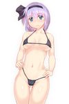  :c adjusting_clothes adjusting_swimsuit ass_visible_through_thighs bare_arms bare_shoulders bikini bikini_pull black_bikini black_hairband black_ribbon blue_eyes blush breasts collarbone frown hair_between_eyes hair_ribbon hairband hand_on_hip highres konpaku_youmu looking_at_viewer medium_breasts micro_bikini midriff navel nose_blush purple_hair ribbon serious shy solo standing stomach swimsuit thigh_gap touhou underboob yonaga_(masa07240) 