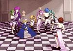  5girls aqua_eyes aqua_hair backless_outfit barefoot blonde_hair blue_eyes boots brown_hair checkered checkered_floor cleavage_cutout corset cravat dress dressing evillious_nendaiki green_eyes green_hair gumi gumina_glassred hair_ribbon hatsune_miku kagamine_len kagamine_rin kaito kamui_gakupo karchess_crim lace lace-trimmed_dress long_hair lukana_octo mannequin maylis_beelzenia megurine_luka meiko mikulia_calgaround multiple_boys multiple_girls pain pillar pink_hair ponytail purple_eyes purple_hair reann ribbon sateriasis_venomania short_hair side_ponytail twintails venomania_kou_no_kyouki_(vocaloid) vocaloid wig 