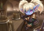  bar beer_mug blonde_hair blue_skin cup hammer league_of_legends long_hair pointy_ears poppy purple_eyes solo tie_baihe translated twintails yordle 