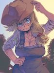  adjusting_clothes adjusting_hat applejack aqua_eyes bangs blonde_hair breasts cleavage cowboy_hat freckles hat large_breasts my_little_pony my_little_pony_friendship_is_magic overalls personification ponytail sanjiro_(tenshin_anman) solo sweat 