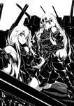  :&lt; aircraft_carrier_oni aircraft_carrier_water_oni armor armored_boots boots deel_(rkeg) detached_sleeves dress gauntlets greyscale hair_ornament high_heel_boots high_heels highres kantai_collection long_hair machinery monochrome multiple_girls one_side_up ribbed_dress sailor_dress shinkaisei-kan short_dress sitting smile thigh_boots thighhighs turret very_long_hair zettai_ryouiki 
