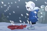  animated animated_gif hands_in_pockets hood hoodie male_focus no_eyes owlbox sans scarf scarf_removed shoes shorts skeleton sneakers snow snowing solo spoilers tears undertale wind 
