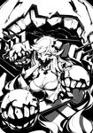  breasts cleavage covered_mouth deel_(rkeg) dress enemy_aircraft_(kantai_collection) greyscale highres horns kantai_collection large_breasts long_hair looking_at_viewer machinery midway_hime monochrome shinkaisei-kan solo turret 