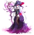  apple bare_shoulders bat black_legwear blue_hair corset detached_sleeves dress flower food fruit full_body garter_straps gyakushuu_no_fantasica hair_over_one_eye hat long_hair looking_at_viewer magic millgua nail_polish official_art purple_dress purple_flower purple_rose red_eyes rose side_slit solo staff thighhighs throne very_long_hair witch_hat 