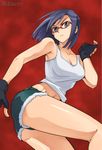  breasts denim denim_shorts fingerless_gloves glasses gloves looking_at_viewer medium_breasts midriff niina_ryou red-framed_eyewear shigure_kasumi short_hair shorts solo tank_top twitter_username valkyrie_drive valkyrie_drive_-mermaid- 