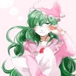  akizawa_aki bad_id bad_pixiv_id green_eyes green_hair hat kazami_yuuka kazami_yuuka_(pc-98) lowres nightcap nightgown one_eye_closed pillow sleepy solo touhou touhou_(pc-98) 