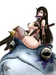  ass bare_shoulders black_hair boots breasts crossed_legs fishnets frog gyakushuu_no_fantasica horns katana large_breasts long_hair looking_at_viewer looking_back mole mole_under_eye mouth_hold ninja purple_eyes revealing_clothes sitting solo stealthmaria sword tattoo thighhighs weapon 