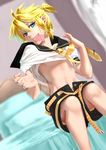  bed blonde_hair blue_eyes come_hither condom condom_in_mouth deyezi kagamine_len male_focus mouth_hold nail_polish necktie ponytail shirt_lift shorts smile solo vocaloid yellow_nails 