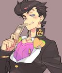  black_hair blue_eyes earrings gakuran heart higashikata_jousuke holding jewelry jojo_no_kimyou_na_bouken male_focus pompadour school_uniform signature smile solo toujou_sakana upper_body yen zipper 