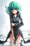  black_dress blood blood_on_face dress fuente green_eyes green_hair highres injury looking_at_viewer one-punch_man short_hair solo tatsumaki torn_clothes torn_dress 
