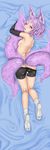  animal_ears bed_sheet breasts butt_crack cum cum_in_mouth cum_in_pussy cum_on_body cum_on_breasts cum_on_lower_body cum_on_upper_body dakimakura facial fox_ears fox_tail full_body highres kneepits looking_at_viewer lying multiple_tails nipples on_bed on_stomach original purple_hair short_hair small_breasts socks solo tabi tail tail_hug tenyoshi_(briansept) topless white_legwear 
