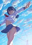  blue_hair breasts brown_eyes cloud cometch day from_below grin medium_breasts no_bra original outstretched_arms panties pantyshot pleated_skirt power_lines sailor_collar_lift school_uniform serafuku shirt_lift short_hair skirt skirt_lift sky smile solo stomach toned underboob underwear white_panties wind wind_lift 
