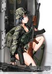  aircraft ak-47 ammunition_pouch assault_rifle backpack bag belt black_gloves black_hair boonie_hat boots bottomless breasts byeontae_jagga camouflage cleavage combat_girls_regiment fatigues fingerless_gloves gloves green_eyes gun handgun hat helicopter holster holstered_weapon large_breasts light_machine_gun load_bearing_equipment m60 m72_law military military_uniform naked_shirt original pistol pouch rifle rucksack shiny shiny_skin shirt sitting solo tigerstripe_(camo) uniform weapon 