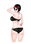  ah-lyong_lee ass bare_back bare_shoulders bikini black_bikini black_hair blue_eyes breasts covered_nipples fiora_laurent highres large_breasts league_of_legends lips looking_at_viewer looking_back parted_lips red_hair short_hair simple_background smile solo sunglasses swimsuit thighs white_background 