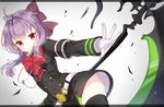  ahoge armlet belt black_legwear blush bow bowtie braid buttons dutch_angle french_braid gloves hair_bow head_tilt highres hiiragi_shinoa holding holding_weapon jimmy letterboxed lips owari_no_seraph pink_eyes purple_bow red_bow red_neckwear scythe short_hair sidelocks simple_background smile solo standing thighhighs uniform weapon white_background white_gloves zettai_ryouiki 