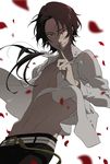  1boy anime_coloring brown_hair earrings finger_to_mouth jewelry kashuu_kiyomitsu male_focus mole mole_under_mouth open_clothes open_shirt petals ponytail red_eyes shirt solo touken_ranbu 