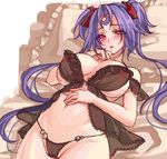  areolae babydoll bed_sheet black_panties blush breasts forehead_tattoo frilled_pillow frills hair_ribbon large_breasts long_hair looking_at_viewer navel open_mouth original panties pillow purple_hair red_eyes ribbon ryuki@maguro-ex see-through solo twintails underwear 