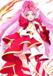  akagi_towa aosa_(momikin) bracelet choker cure_scarlet detached_sleeves earrings fire full_body go!_princess_precure highres jewelry long_hair magical_girl pink_eyes pink_hair pointy_ears precure quad_tails red_sleeves skirt smile solo very_long_hair white_background 