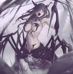  black_hair breasts brown_eyes carrying covered_nipples fantasy hair_over_one_eye horns insect_girl large_breasts long_hair looking_at_viewer monster_girl navel open_mouth original polearm solo spear spider_girl stealthmaria weapon 