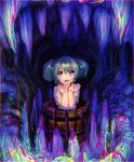  bucket cave colorful dark green_hair hair_bobbles hair_ornament hands_up japanese_clothes kimono kisume kitayuki_kajika looking_at_viewer open_mouth red_eyes reflective_eyes shiny shiny_hair short_sleeves solo touhou two_side_up when_you_see_it wooden_bucket 