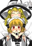  blonde_hair blush bow clenched_teeth drill_hair fairy_wings gaoo_(frpjx283) grin hat hat_bow highres hug hug_from_behind kirisame_marisa luna_child multiple_girls open_mouth red_eyes smile teeth touhou translated triangle_mouth white_bow wings witch_hat 