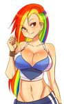  animated animated_gif bangs bare_shoulders bounce bouncing bouncing_breasts breasts cleavage contrapposto derivative_work fringe_trim groin large_breasts long_hair looking_at_viewer lowres maniacpaint midriff multicolored_hair my_little_pony my_little_pony_friendship_is_magic navel rainbow_dash rainbow_hair red_eyes simple_background smile solo source_request standing sweatband white_background 