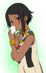  bad_id bad_pixiv_id black_hair bracelet choi_mochimazzui dark_skin dress eating food highres holding holding_food jewelry kanau mochi red_eyes short_hair solo tamako_market 