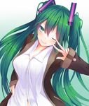  alternate_costume bangs blush breasts buttons cleavage closed_mouth collared_shirt dress_shirt eyebrows eyebrows_visible_through_hair eyes_visible_through_hair gradient gradient_background green_eyes green_hair hair_between_eyes hair_ornament hand_on_hip hatsune_miku highres jacket kiseno large_breasts long_hair long_sleeves looking_at_viewer one_eye_closed shirt smile solo twintails unbuttoned upper_body very_long_hair vocaloid white_shirt 