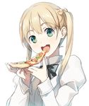  :d black_bow black_neckwear bow bowtie colored_eyelashes commentary eating food hair_bobbles hair_ornament holding holding_food holding_pizza ibarazaki_emi katawa_shoujo long_hair long_sleeves looking_at_viewer open_mouth pizza shirt simple_background slice_of_pizza smile solo teeth twintails upper_body weee_(raemz) white_background white_shirt 