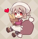  apron atra_mixta baguette black_legwear blush boned_meat bread chibi food grey_hair gundam gundam_tekketsu_no_orphans heart long_sleeves maodouzi meat open_mouth pantyhose red_eyes short_hair smile solo sweater 