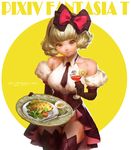  bare_shoulders black_gloves blonde_hair blowfish bow corset cowboy_shot drink elbow_gloves food glass gloves hair_bow highres lost_elle necktie pixiv_fantasia pixiv_fantasia_t plate short_hair solo thighhighs tray uniform waitress yellow_eyes 