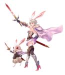  animal_ears boots bunny bunny_ears bunny_tail butt_crack capelet elbow_gloves fur gloves highres looking_at_viewer looking_back original panties red_eyes sheath shoulder_blades simple_background smile sword tail thighhighs underwear weapon white_hair wolfedge zettai_ryouiki 