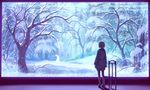  backlighting bunny chair coat commentary from_behind hiko_(scape) original scenery short_hair snow snowing solo tree 