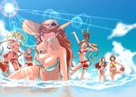  absurdres aliza_(granblue_fantasy) alternate_costume animal_ears ass bandeau beach bikini blonde_hair blue_eyes breasts brown_hair bunny_ears carren clarisse_(granblue_fantasy) cleavage cleavage_cutout come_hither condom condom_in_mouth dekosukentr draph eyewear_on_head granblue_fantasy grin hat highres honda_mio idolmaster idolmaster_cinderella_girls large_breasts leaning_to_the_side lens_flare light_particles light_rays long_hair looking_at_viewer looking_back mary_(granblue_fantasy) midriff mouth_hold multiple_girls navel orange_eyes orange_hair partially_submerged red_bikini shawl side-tie_bikini smile standing standing_on_liquid standing_on_one_leg straw_hat sun sunglasses sunlight swimsuit vee_(granblue_fantasy) wavy_hair zeta_(granblue_fantasy) 