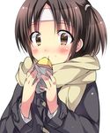  alternate_costume bangs blush brown_eyes brown_hair coat eating food headband holding holding_food kantai_collection long_sleeves looking_at_viewer nagara_(kantai_collection) one_side_up ponytail scarf short_hair simple_background sk02 solo sweet_potato upper_body white_background yakiimo 