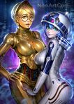 android aqua_eyes ass blonde_hair blue_hair blue_lipstick breasts brown_eyes c-3po earrings glasses hand_on_hip helmet hips humanization jewelry large_breasts lips lipstick looking_at_viewer looking_back makeup multiple_girls nudtawut_thongmai pale_skin r2-d2 round_eyewear short_hair smile star_wars yellow_eyes 