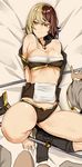  arm_support bad_id bad_pixiv_id bangs bare_shoulders bed_sheet black_legwear black_panties blonde_hair bound bound_ankles bound_arms breasts brooch brown_hair cleavage collarbone cuffs frown groin jewelry kneehighs koko_shiguma large_breasts loose_clothes lying multicolored_hair no_shoes off_shoulder on_back orange_eyes original out_of_frame panties pole restrained shackles single_kneehigh solo_focus underwear 