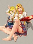  barefoot blonde_hair blush breasts cup feet green_eyes highres horn hoshiguma_yuugi huge_breasts large_breasts legs licking_lips long_hair looking_at_viewer mizuhashi_parsee mizuke_no_nai_tofu multiple_girls oni oni_horns open_mouth red_eyes sakazuki shirt short_hair short_sleeves sitting skirt skirt_lift smile tongue tongue_out touhou white_shirt 