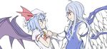  :d alternate_eye_color angel_wings armband ascot asphyxiation bad_id bad_pixiv_id bat_wings blue_dress blue_hair brooch choking clenched_teeth dress emblem eye_contact hands_on_another's_wrists hat hat_ribbon jewelry kenuu_(kenny) lavender_hair long_hair long_sleeves looking_at_another mob_cap multicolored multicolored_wings multiple_girls multiple_wings open_mouth profile red_eyes remilia_scarlet ribbon sariel shaded_face shirt short_hair short_sleeves sidelocks silver_hair simple_background sleeveless sleeveless_dress smile teeth touhou touhou_(pc-98) trembling turtleneck upper_body white_background white_dress white_shirt wings 