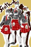  black_hair blonde_hair blue_eyes blue_hair crossed_arms hat horikawa_kunihiro jigoku_meguri kilt kneehighs male_focus multiple_boys necktie plaid red_eyes smile touken_ranbu white_legwear yamabushi_kunihiro yamanbagiri_kunihiro 